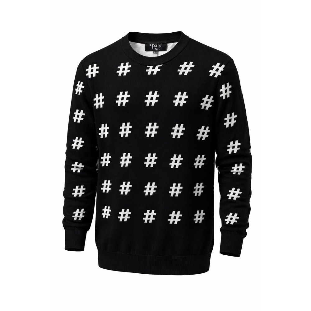 #PAID‎ Hashtag Sweater Womens M Black White Hashtag Pattern Streetwear Crewneck